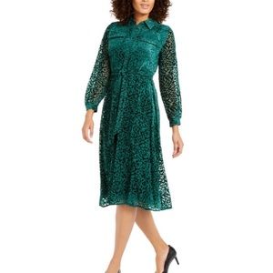 Alfani Velvet Burnout Belted Shirtdress Emerald
